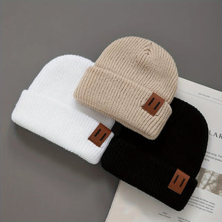 3 Pcs Boys Knit Leather Patch Beanie Hat