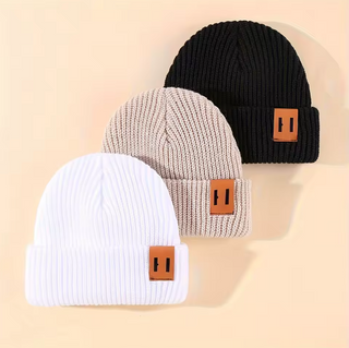 3 Pcs Boys Knit Leather Patch Beanie Hat