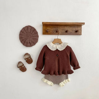 Ruffled Knit Cardigan Top Striped Bloomers Outfit