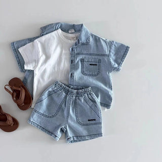 TZ2638 Korean Style Baby Boys Girls Short Sleeve Denim Shirt Shorts Set Summer Fashionable Cute Two-Piece Outfit for Toddlers - RYAN AND REMI