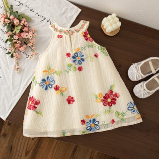 Baby Girl Dresses Summer Flower Embroidery Cotton Neck Girls Dresses Cute Girls Beach Dresses Baby Girl Clothes - RYAN AND REMI