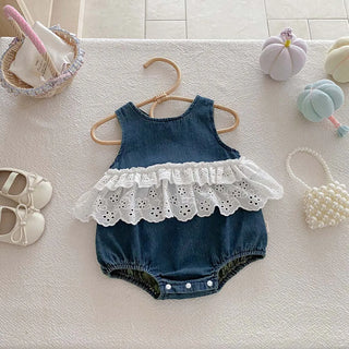 Korean-style summer baby girl Denim sleeveless lace jumpsuit, baby girl sweet lace jumpsuit, very suitable for going out to wear - RYAN AND REMI