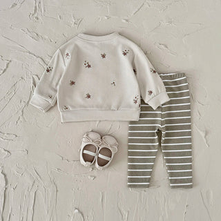 Floral Embroidery Top Striped Pant Set - RYAN AND REMI