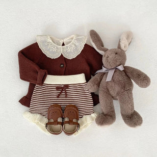 Ruffled Knit Cardigan Top Striped Bloomers Outfit