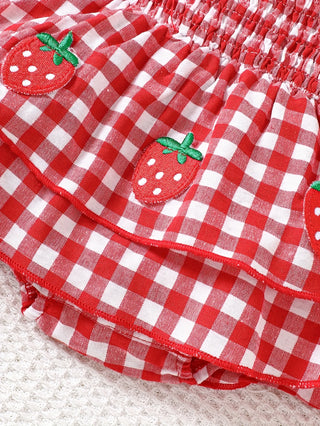Baby Girl Strawberry Gingham Smocked Tie-Strap Romper Dress – Stretchy Shirred Bodice & Layered Skirt, Cute Summer One-Piece Out - RYAN AND REMI