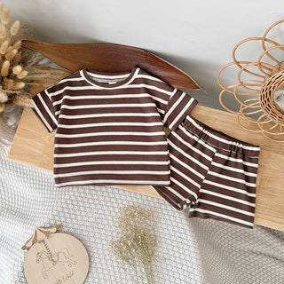 2Pcs Baby Summer Outfits Short Sleeve Lapel Neck Brown Striped Print Waffle Knit Tops and Shorts Set Suitable for ages 0-3Y - RYAN AND REMI