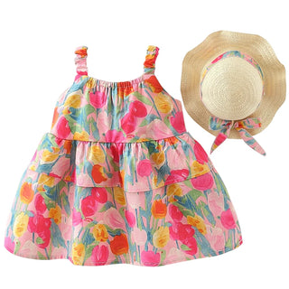 Floral Layered Cotton Tulip Dress w Hat