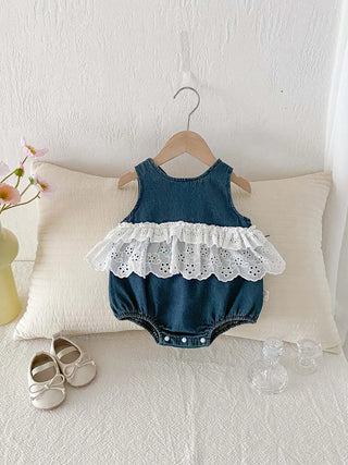 Korean-style summer baby girl Denim sleeveless lace jumpsuit, baby girl sweet lace jumpsuit, very suitable for going out to wear - RYAN AND REMI
