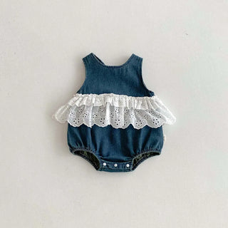 Korean-style summer baby girl Denim sleeveless lace jumpsuit, baby girl sweet lace jumpsuit, very suitable for going out to wear - RYAN AND REMI