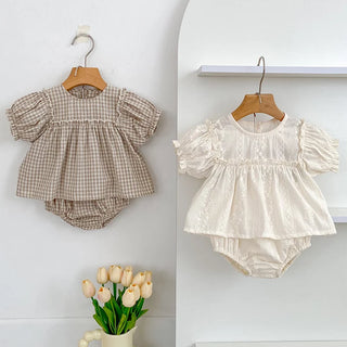 Girls Summer Fashion Set Children's Embroidered Grid Puff Sleeve Top+Shorts Two Piece Cute Baby Girls Clothes Set Baby Clothes - RYAN AND REMI