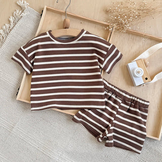 2Pcs Baby Summer Outfits Short Sleeve Lapel Neck Brown Striped Print Waffle Knit Tops and Shorts Set Suitable for ages 0-3Y - RYAN AND REMI