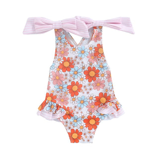 Kids Girl Swimsuit Cute Floral Swimwear  Bowknot Suspender Romper Swimming Suit Children Beachwear Bathing Suit for 1-6Years - RYAN AND REMI
