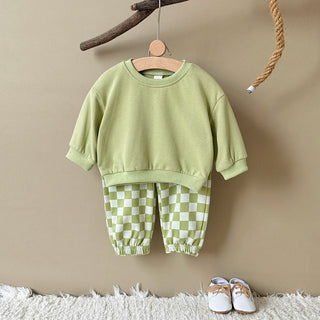 2PCS Spring Autumn Cotton Set For 0-3 Year Old Baby Comfortable Loose Solid Pullover Checked Pant Two Piece Baby Clothes - RYAN AND REMI