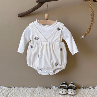 1-18 Months Baby Summer White Floral Triangle Crawling Suit White Long Sleeved Two-Piece Set - RYAN AND REMI