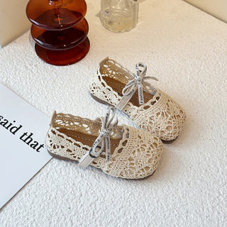 Bow Mesh Girls Flats Shoes Hollow Out Lace Solid Kids Princess Shoes Hook Loop Non Slip Toddler Children Fashion Shoes - RYAN AND REMI