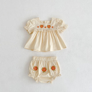 Summer Ins Baby Flower Embroidered Short Sleeve Top+Flower Bread Shorts 2-piece Set for Baby Girls - RYAN AND REMI