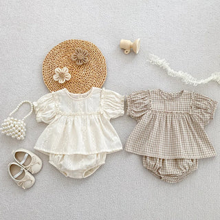 Girls Summer Fashion Set Children's Embroidered Grid Puff Sleeve Top+Shorts Two Piece Cute Baby Girls Clothes Set Baby Clothes - RYAN AND REMI