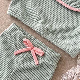 Baby Girl Mint Green Ribbed Lounge Set Half Zip High Neck Ruffle Top Flare Pants with Bow Soft Casual 2Pcs Outfit for Daily Wear - RYAN AND REMI