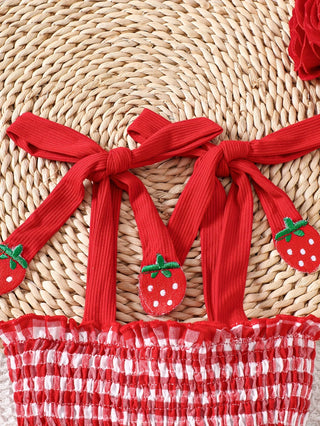 Baby Girl Strawberry Gingham Smocked Tie-Strap Romper Dress – Stretchy Shirred Bodice & Layered Skirt, Cute Summer One-Piece Out - RYAN AND REMI