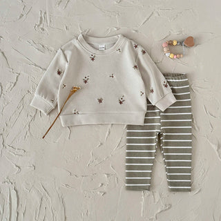 Floral Embroidery Top Striped Pant Set - RYAN AND REMI