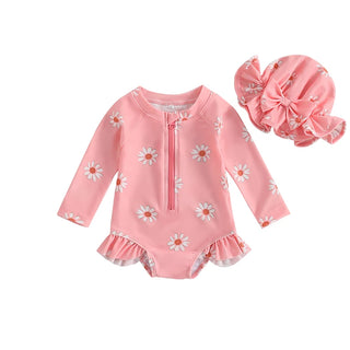 Toddler Baby Girl Swimsuit Floral Rash Guard with Hat Set Long Sleeve Zipper Bathing Suit Swimwear - RYAN AND REMI