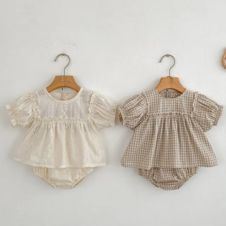 Girls Summer Fashion Set Children's Embroidered Grid Puff Sleeve Top+Shorts Two Piece Cute Baby Girls Clothes Set Baby Clothes - RYAN AND REMI
