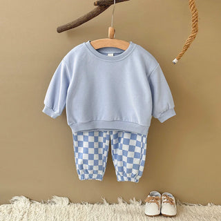 2PCS Spring Autumn Cotton Set For 0-3 Year Old Baby Comfortable Loose Solid Pullover Checked Pant Two Piece Baby Clothes - RYAN AND REMI