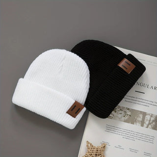 3 Pcs Boys Knit Leather Patch Beanie Hat