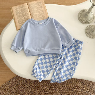 2PCS Spring Autumn Cotton Set For 0-3 Year Old Baby Comfortable Loose Solid Pullover Checked Pant Two Piece Baby Clothes - RYAN AND REMI