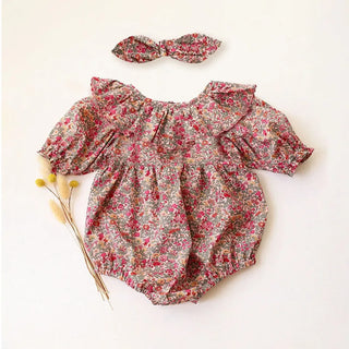 Floral Short Sleeve Romper With Bow - RYAN AND REMI