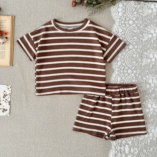 2Pcs Baby Summer Outfits Short Sleeve Lapel Neck Brown Striped Print Waffle Knit Tops and Shorts Set Suitable for ages 0-3Y - RYAN AND REMI