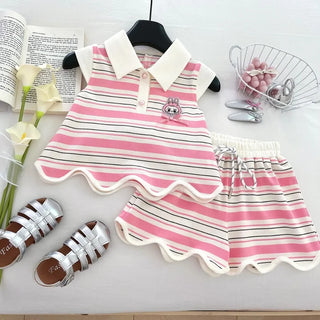 Bear Leader Summer New Girl Outfits Cartoon Stripe Suit Fashion Bareback Big Bow Top + Shorts Casual Child Sets 3-7 Years Old - RYAN AND REMI