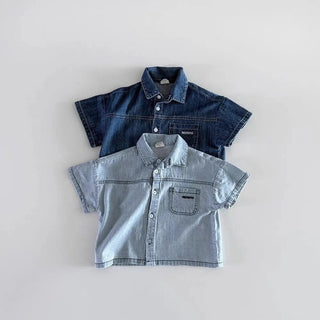 TZ2638 Korean Style Baby Boys Girls Short Sleeve Denim Shirt Shorts Set Summer Fashionable Cute Two-Piece Outfit for Toddlers - RYAN AND REMI
