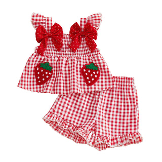 Toddler Baby Girls Summer Clothes Strawberry Embroidered Plaid Bowsknot Ruffles Trim Tank Tops+Shorts Holiday Beach Outfits - RYAN AND REMI