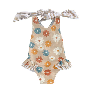 Kids Girl Swimsuit Cute Floral Swimwear  Bowknot Suspender Romper Swimming Suit Children Beachwear Bathing Suit for 1-6Years - RYAN AND REMI