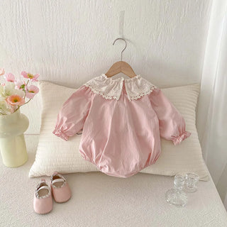 Spring and Autumn Baby Girl Bow Lace Neckline Jumpsuit, Baby Girl Sweet Cute Bow Long Sleeve Jumpsuit, Suitable for Outdoor - RYAN AND REMI