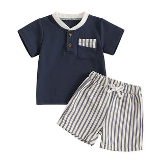 2024-10-09 Lioraitiin Toddler Baby Boy Summer Clothes Short Sleeve Pocket T-Shirt Stripe Drawstring Shorts Outfit - RYAN AND REMI