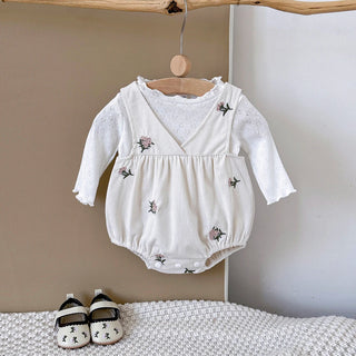 1-18 Months Baby Summer White Floral Triangle Crawling Suit White Long Sleeved Two-Piece Set - RYAN AND REMI