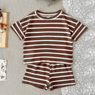 2Pcs Baby Summer Outfits Short Sleeve Lapel Neck Brown Striped Print Waffle Knit Tops and Shorts Set Suitable for ages 0-3Y - RYAN AND REMI