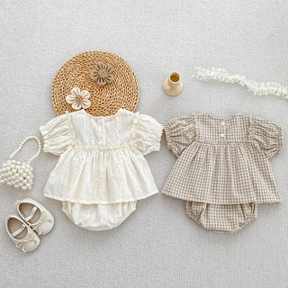 Girls Summer Fashion Set Children's Embroidered Grid Puff Sleeve Top+Shorts Two Piece Cute Baby Girls Clothes Set Baby Clothes - RYAN AND REMI