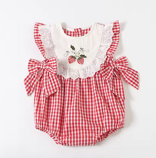 Strawberry Plaid Embroidered Romper - RYAN AND REMI