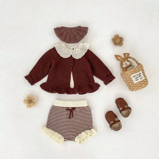 Ruffled Knit Cardigan Top Striped Bloomers Outfit