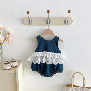 Korean-style summer baby girl Denim sleeveless lace jumpsuit, baby girl sweet lace jumpsuit, very suitable for going out to wear - RYAN AND REMI