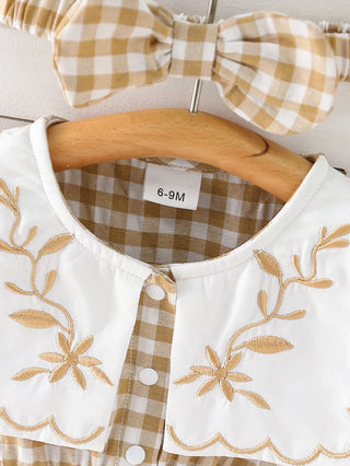 Checkered  Embroidered Collar Romper