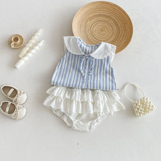 Striped Sleeveless Shirt Romper Set