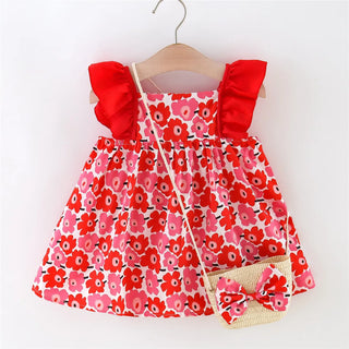 2 Pcs Summer New Dress Korean Edition Flying Sleeves Flower Printed Cotton Skirt Suitable for 0-3 Year Old Babies - RYAN AND REMI