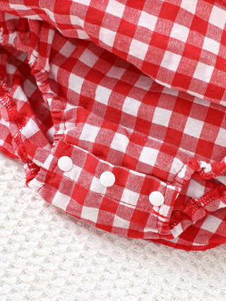 Baby Girl Strawberry Gingham Smocked Tie-Strap Romper Dress – Stretchy Shirred Bodice & Layered Skirt, Cute Summer One-Piece Out - RYAN AND REMI