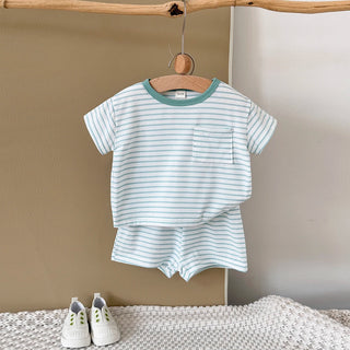 Summer Baby New Set Blue White Stripes Simple Comfortable Short Sleeves+Loose Sports Beach Shorts Boys Girls Clothing - RYAN AND REMI