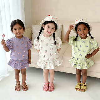 Short Sleeve Cherry Print Skirt Set - RYAN AND REMI